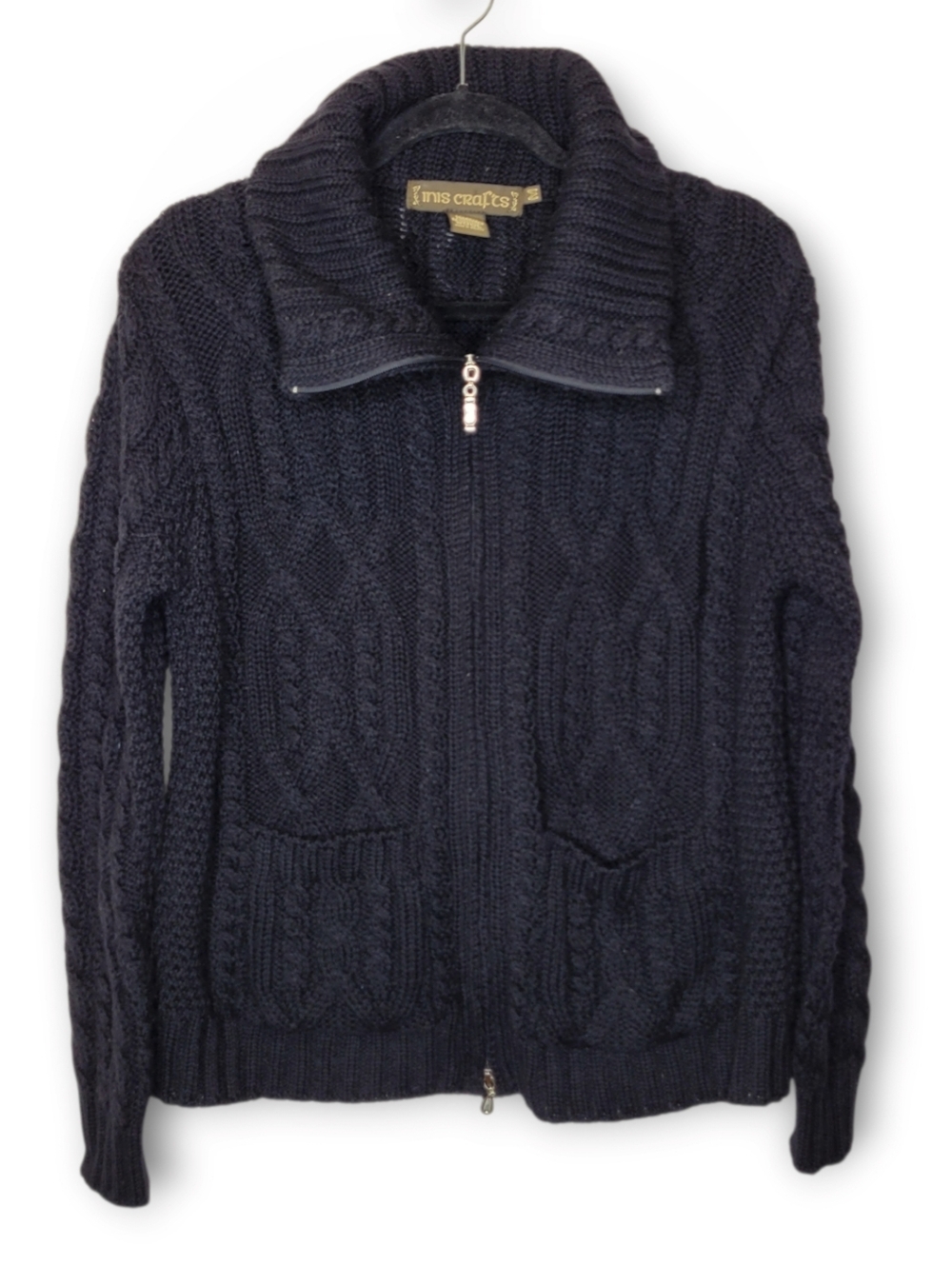 Inis Crafts Merino Cableknit Fisherman Zip Cardigan Sweater XL Black Ireland